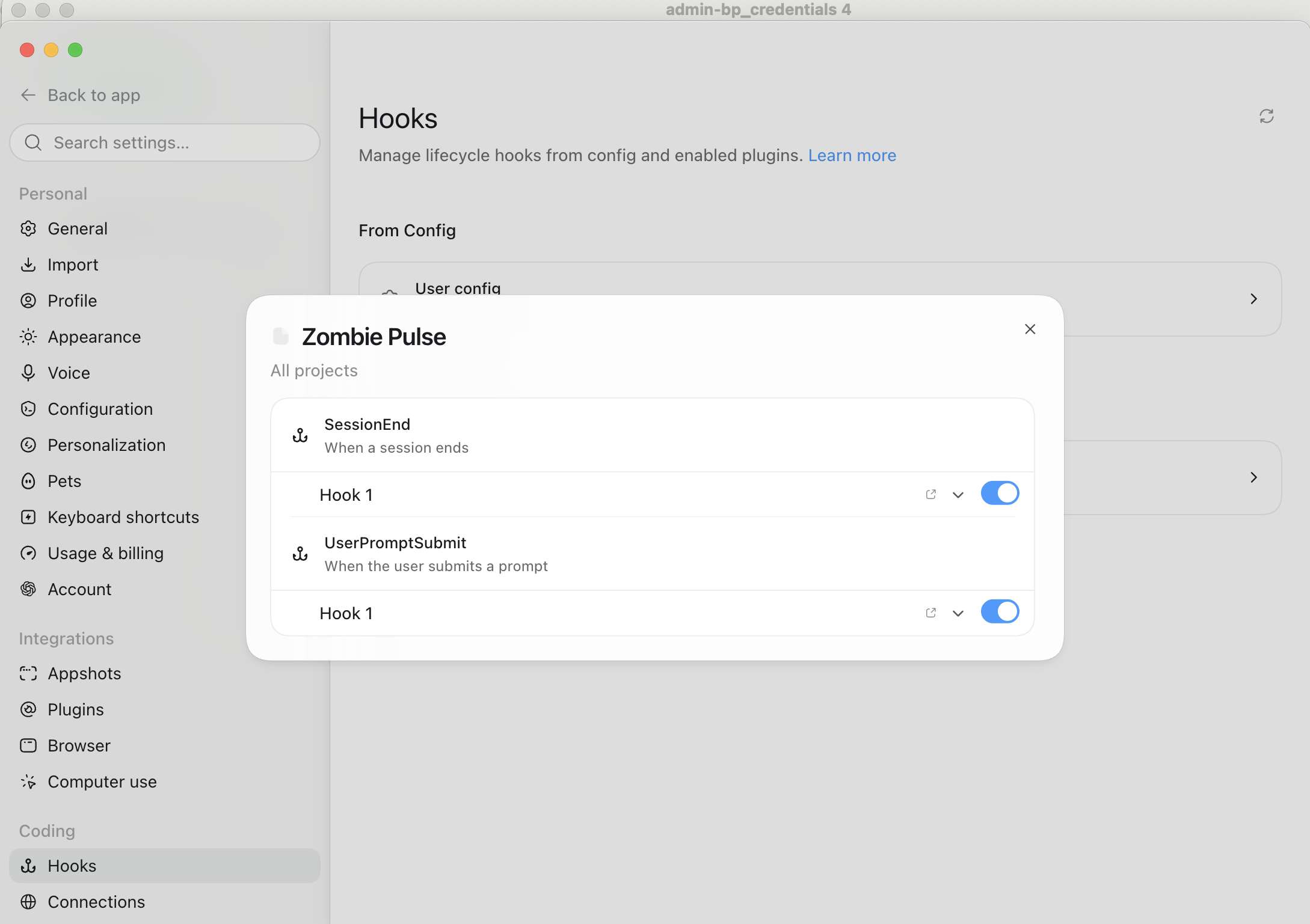 Codex Settings, Coding, Hooks showing Zombie Pulse SessionEnd and UserPromptSubmit hooks enabled
